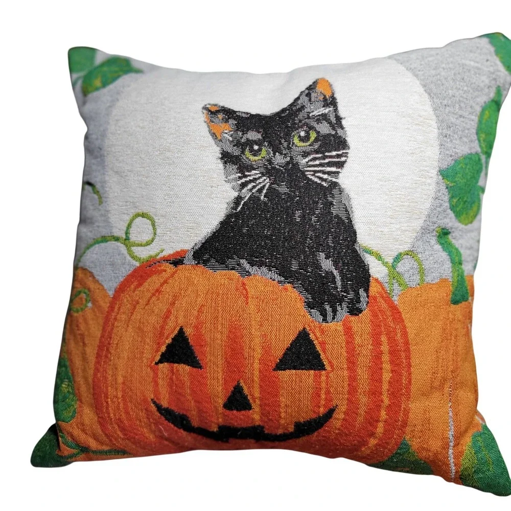 Halloween Black Cat Pumpkin Tapestry Throw Pillow Grey Back 16x16